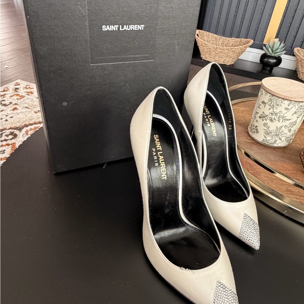 Saint Laurent Cream Pointed Toe Crystal-Trim Pumps